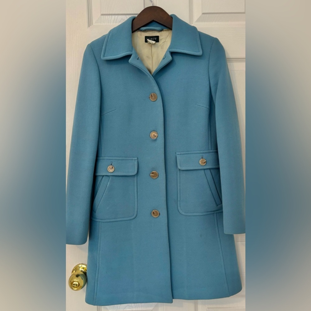 J. Crew warm button coat, silk lining, robin egg blue, size 2. Beautiful, GUC.